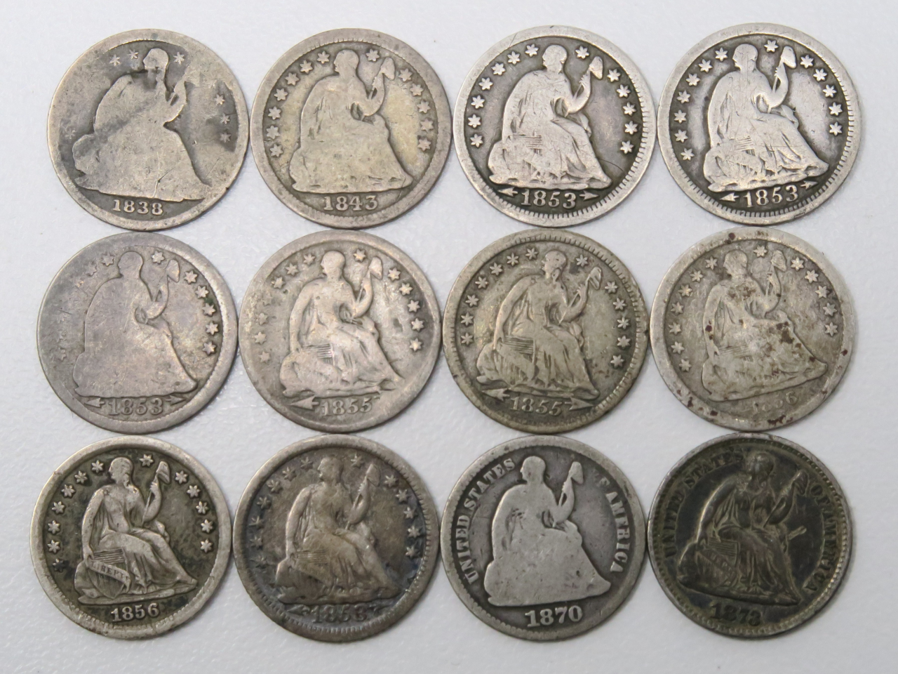12x Assorted 1838-1873 Seated Liberty Half Dimes H10c 29786 - PGS