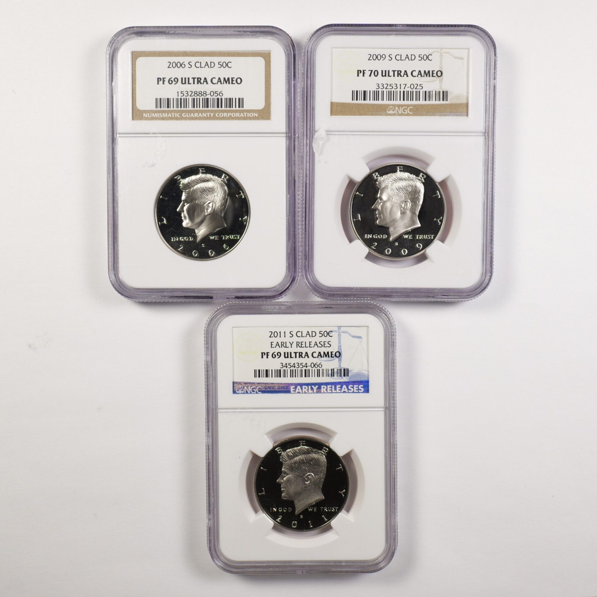 2006-S Clad, 2009-S Clad, 2011-S Clad UCam Kennedy Half Dollars