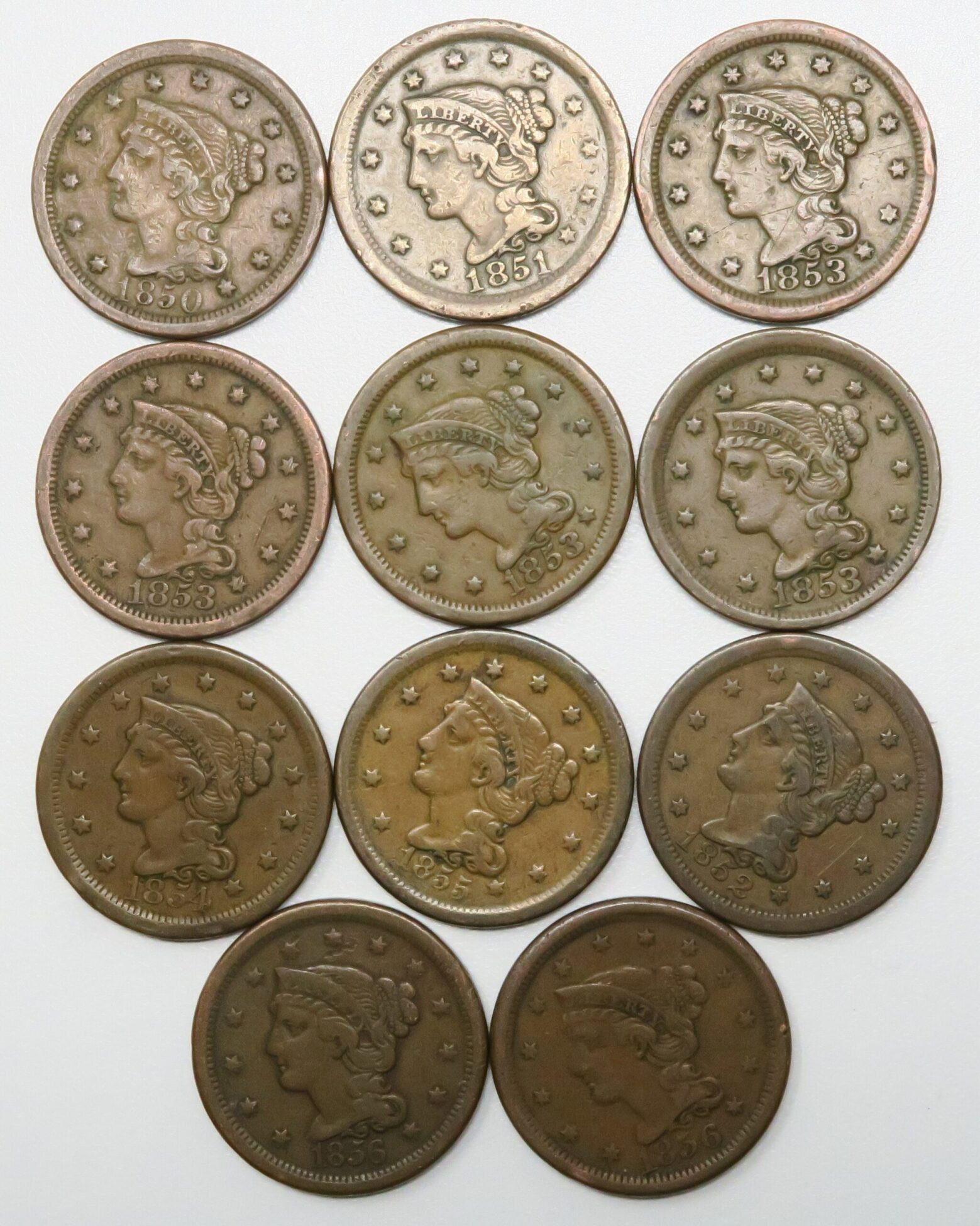 11x 1850-1856 Braided Hair Large Cents F/VF 29943 - PGS Gold And Coin