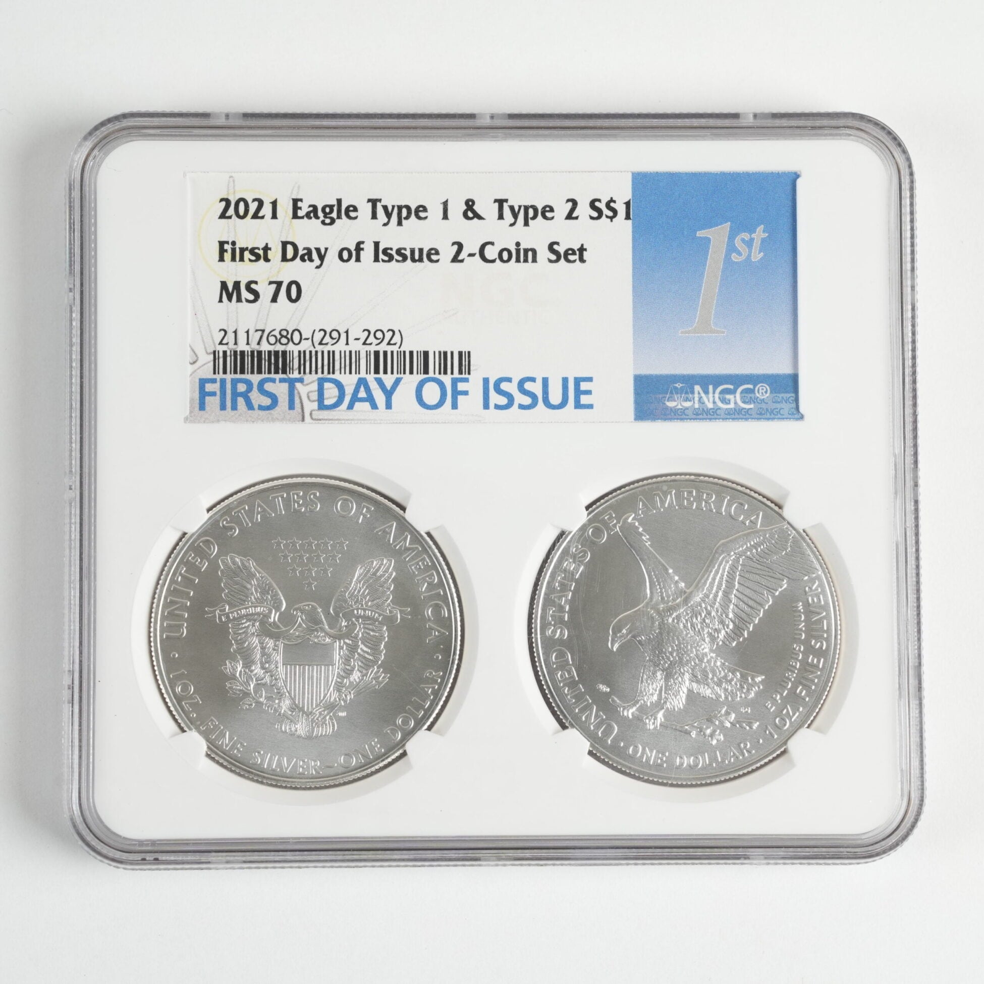 2021 Type 1 and 2 NGC MS70 Silver Eagle First Day of Issue 2 Coin
