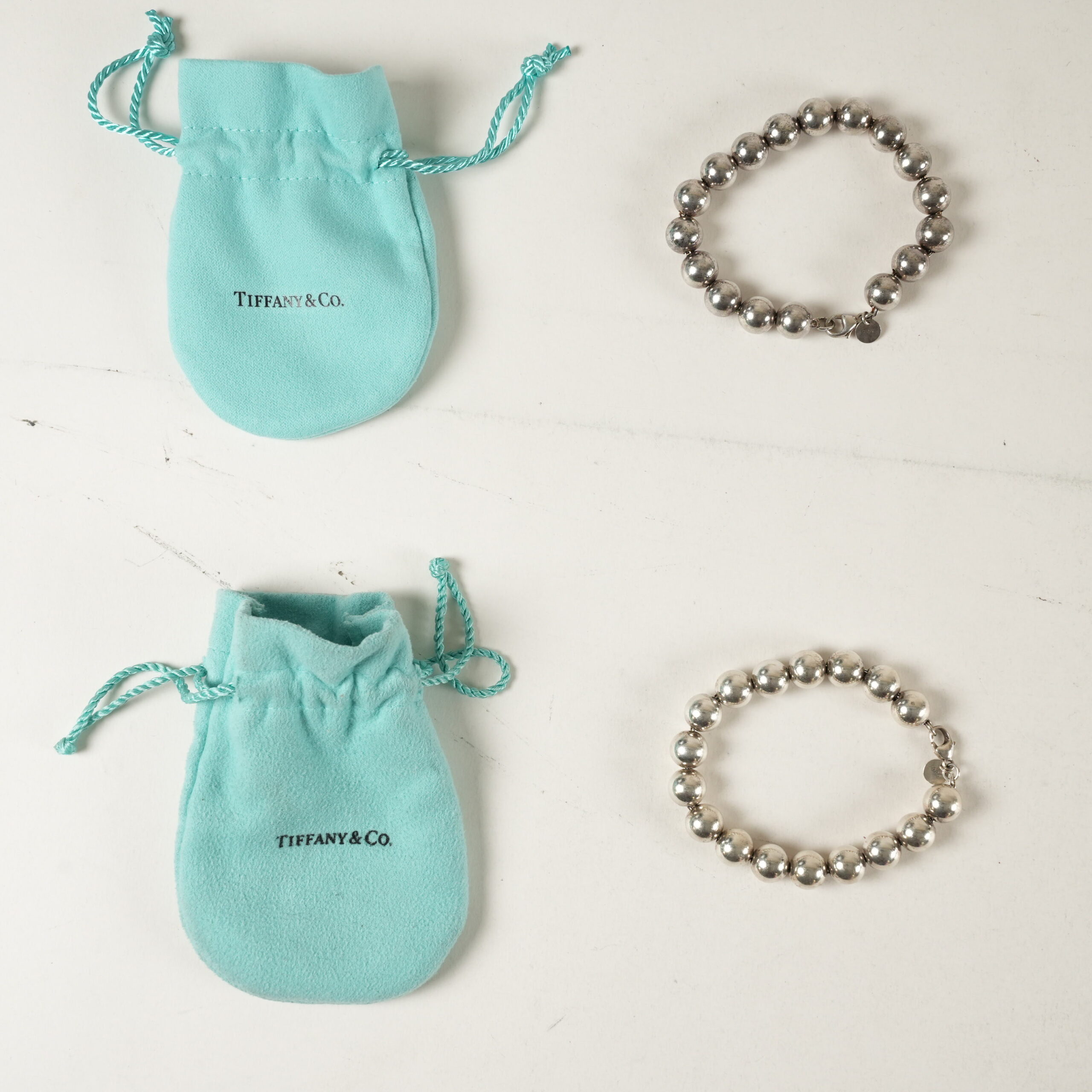 2x Tiffany & Co. Sterling Silver Ball Bead Bracelet & Pouch 7in