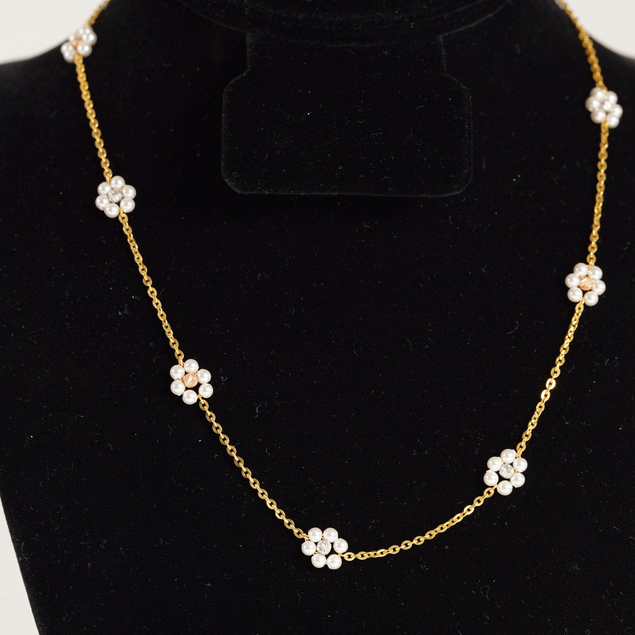 22k YG Rolo Chain Link Necklace w/ 3mm Pearl Flower Stations 18in