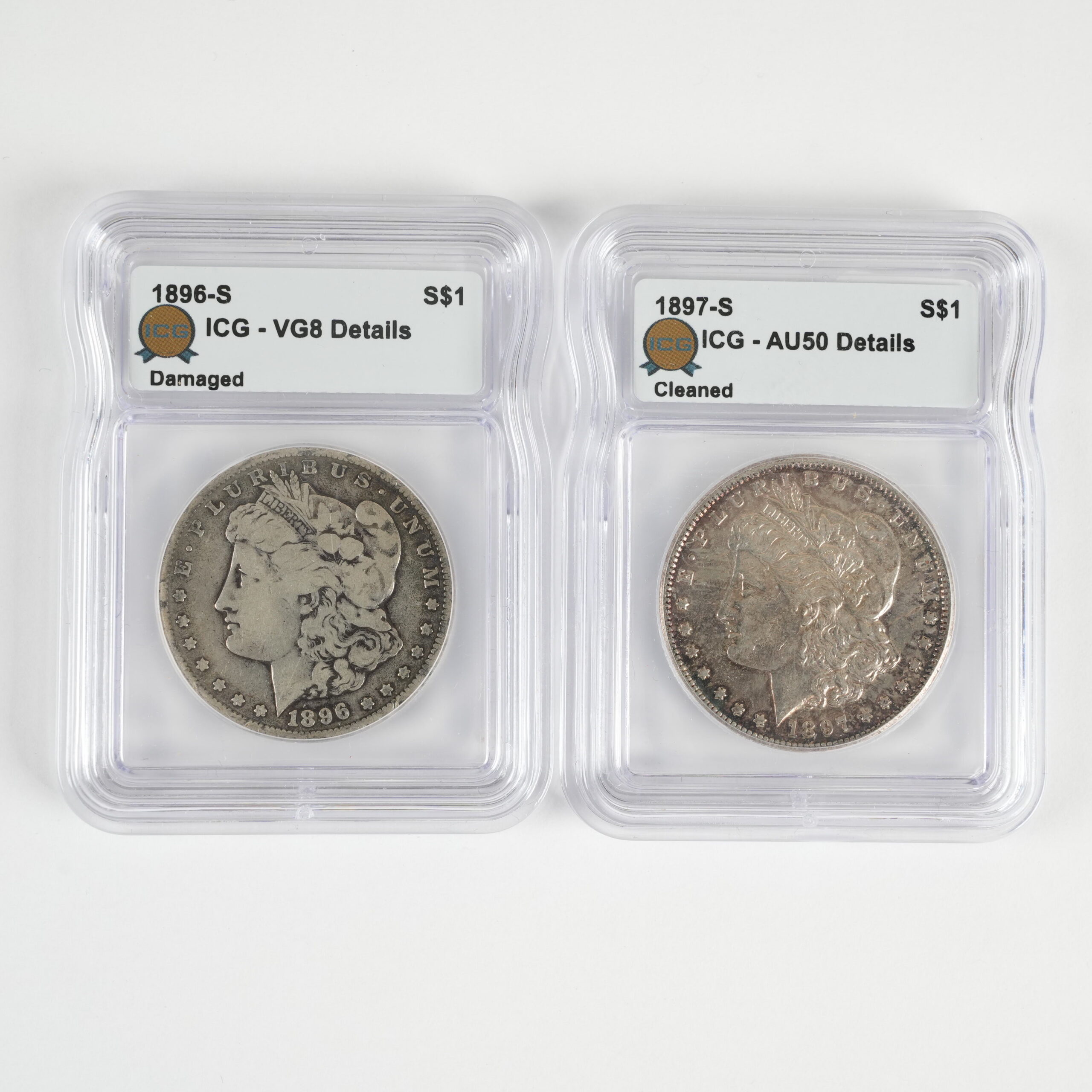 1896-S $1 VG8 Details Damaged & 1897-S $1 AU Details Cleaned ICG